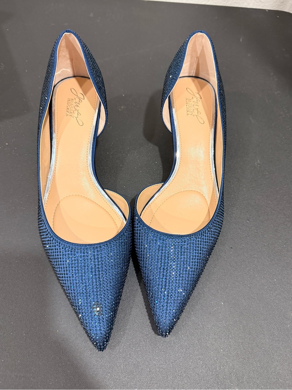 Jewel Badgley Mischka Navy Crystal Pointed Kitten Heels Size 9